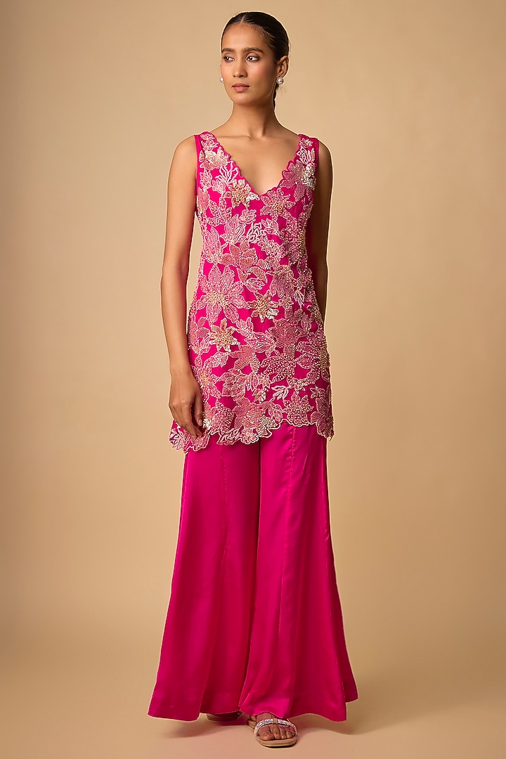 Hot Pink Satin Wedding Sharara Set by One not two at Pernia's Pop Up Shop