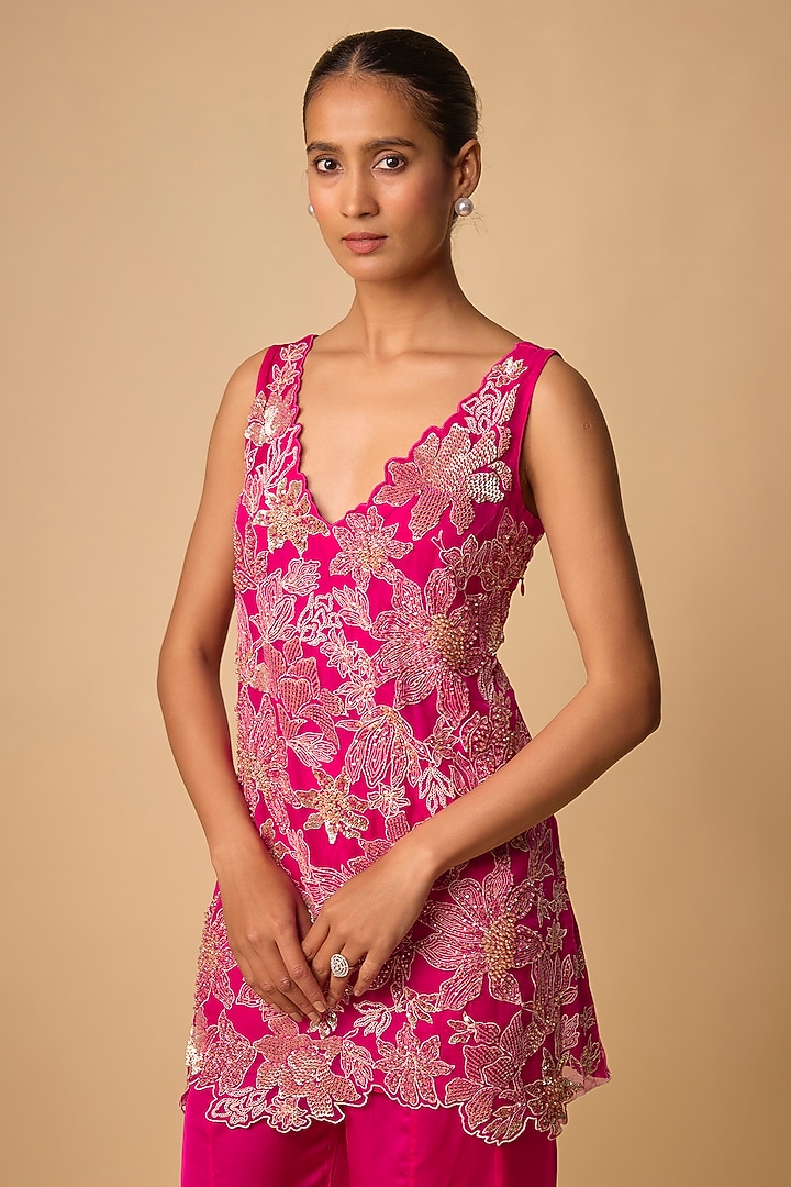 Hot Pink Satin Wedding Sharara Set by One not two at Pernia's Pop Up Shop