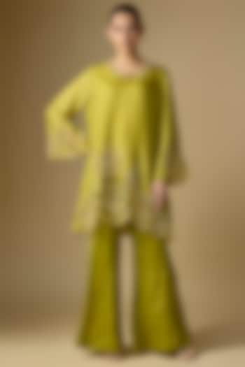 Henna Green Silk Hand Embroidered Co-Ord Set by One not two at Pernia's Pop Up Shop