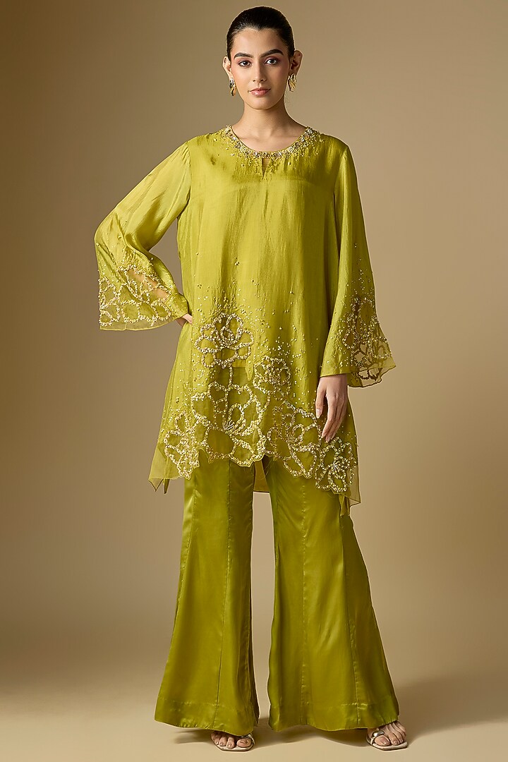 Henna Green Silk Hand Embroidered Co-Ord Set by One not two at Pernia's Pop Up Shop