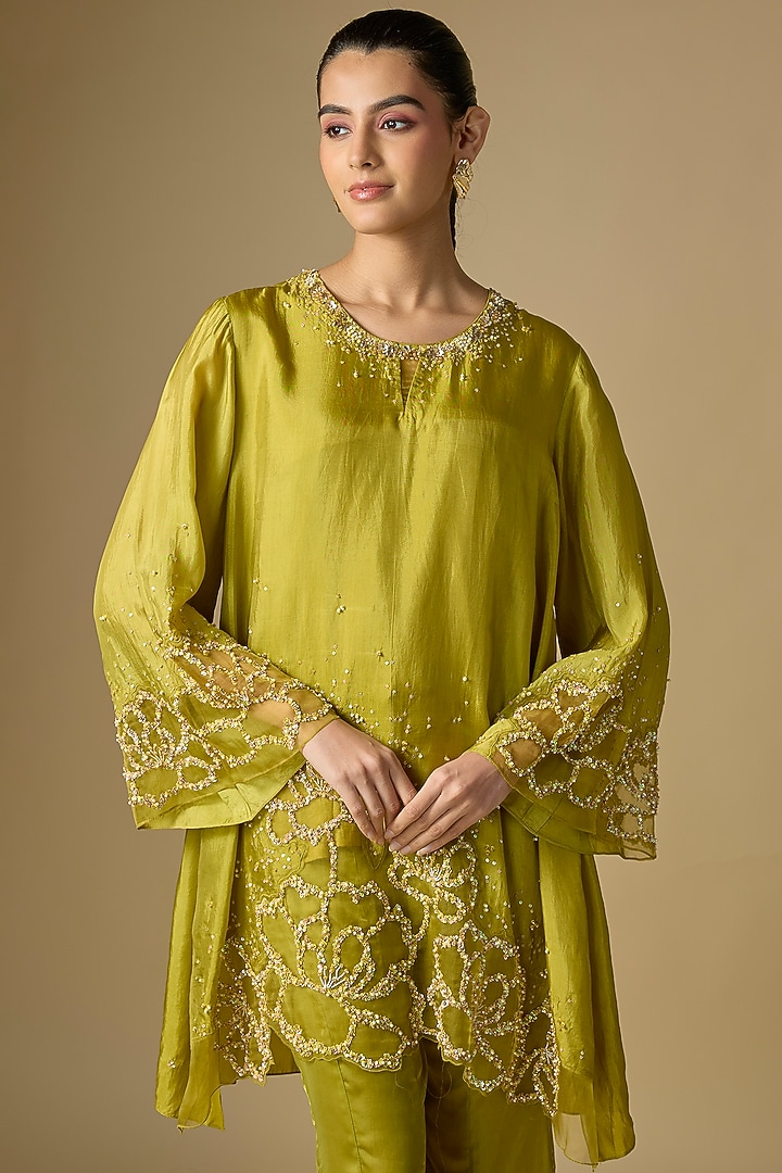 Henna Green Silk Hand Embroidered Co-Ord Set by One not two at Pernia's Pop Up Shop
