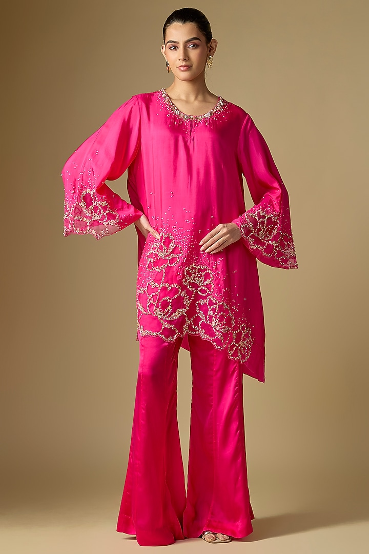 Hot Pink Silk Hand Embroidered Co-Ord Set by One not two at Pernia's Pop Up Shop
