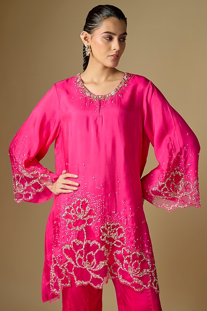 Hot Pink Silk Hand Embroidered Co-Ord Set by One not two at Pernia's Pop Up Shop