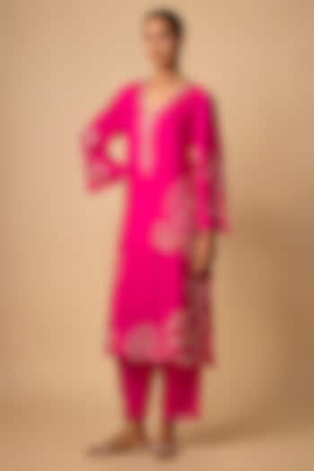 Hot Pink Silk Beads Embroidered Kurta Set by One not two at Pernia's Pop Up Shop
