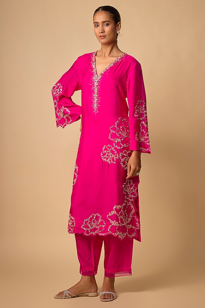 Hot Pink Silk Beads Embroidered Kurta Set by One not two at Pernia's Pop Up Shop