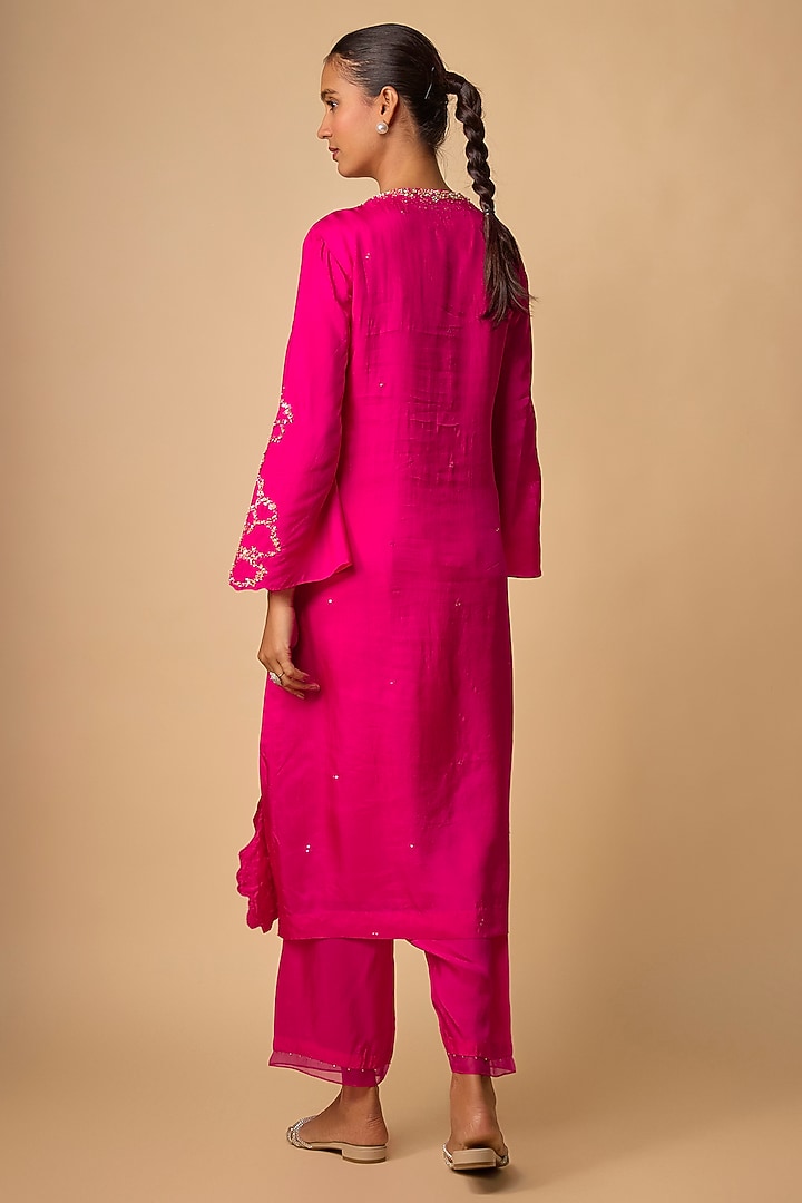 Hot Pink Silk Beads Embroidered Kurta Set by One not two at Pernia's Pop Up Shop