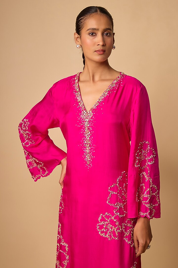 Hot Pink Silk Beads Embroidered Kurta Set by One not two at Pernia's Pop Up Shop