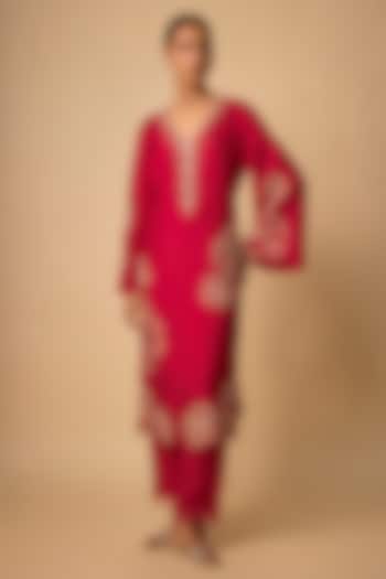Ruby Red Silk Beads Embroidered Kurta Set by One not two at Pernia's Pop Up Shop