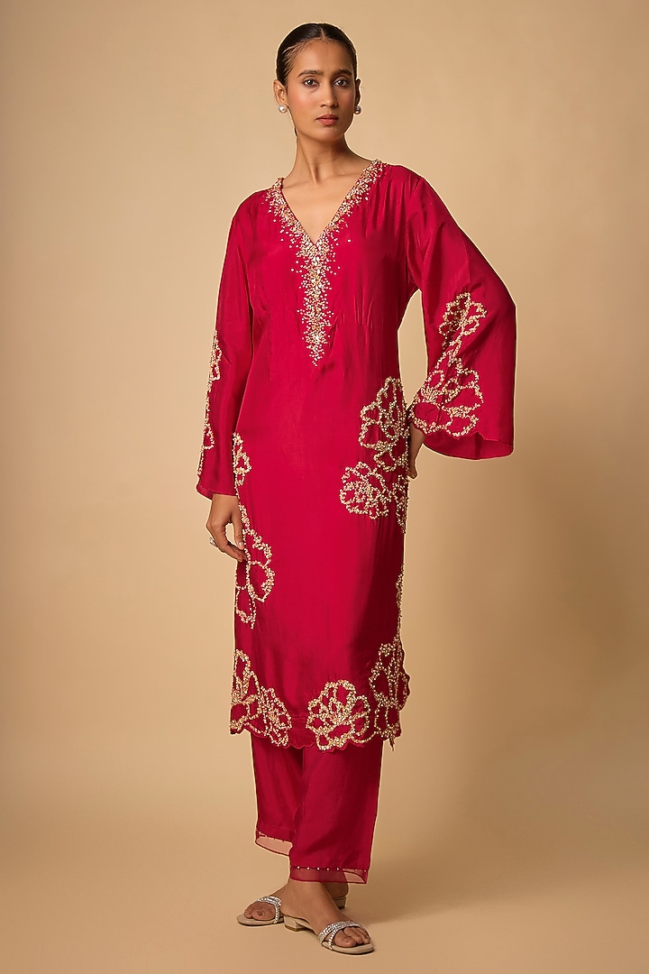 Ruby Red Silk Beads Embroidered Kurta Set by One not two at Pernia's Pop Up Shop