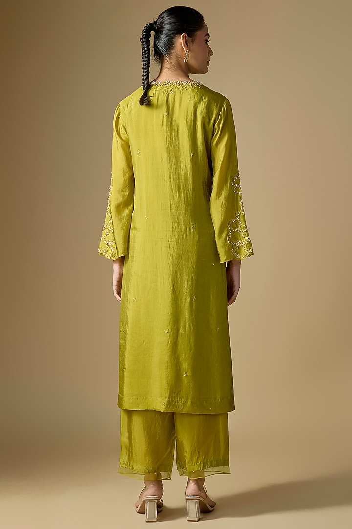 Henna Green Silk Hand Embroidered Kurta Set by One not two at Pernia's Pop Up Shop