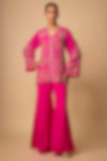 Hot Pink Organza Beads Embroidered Jacket Set by One not two at Pernia's Pop Up Shop
