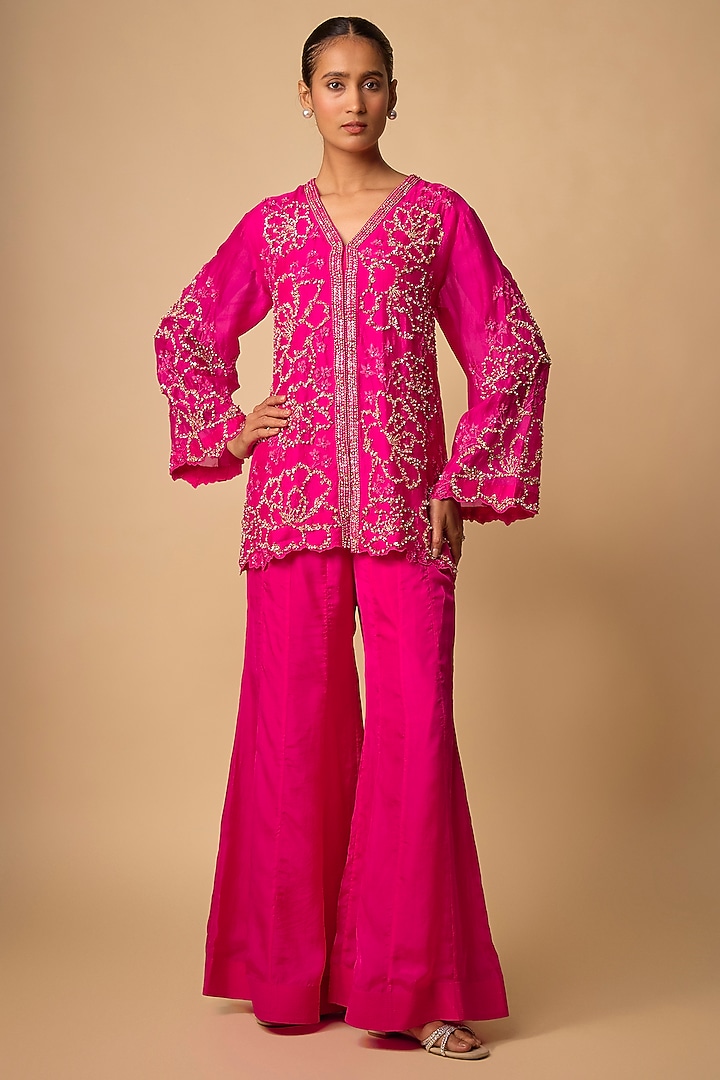 Hot Pink Organza Beads Embroidered Jacket Set by One not two at Pernia's Pop Up Shop