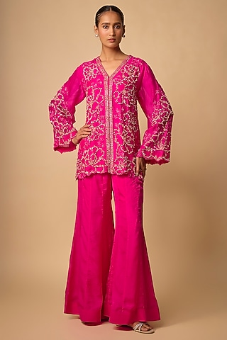 Hot Pink Organza Beads Embroidered Jacket Set by One not two