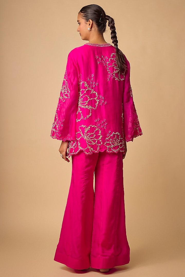 Hot Pink Organza Beads Embroidered Jacket Set by One not two at Pernia's Pop Up Shop