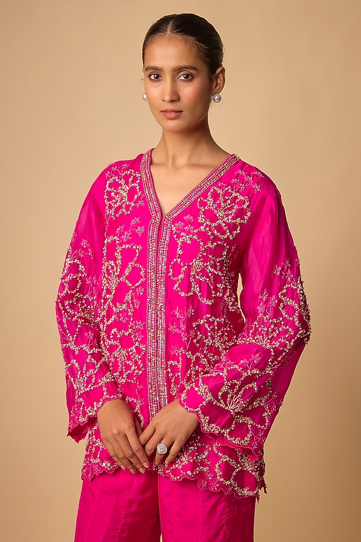 Hot Pink Organza Beads Embroidered Jacket Set by One not two at Pernia's Pop Up Shop