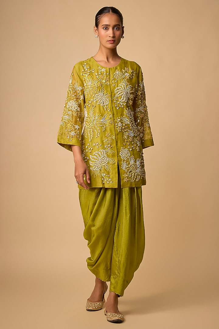 Heena Green Silk Beads Embroidered Kurta Set by One not two at Pernia's Pop Up Shop