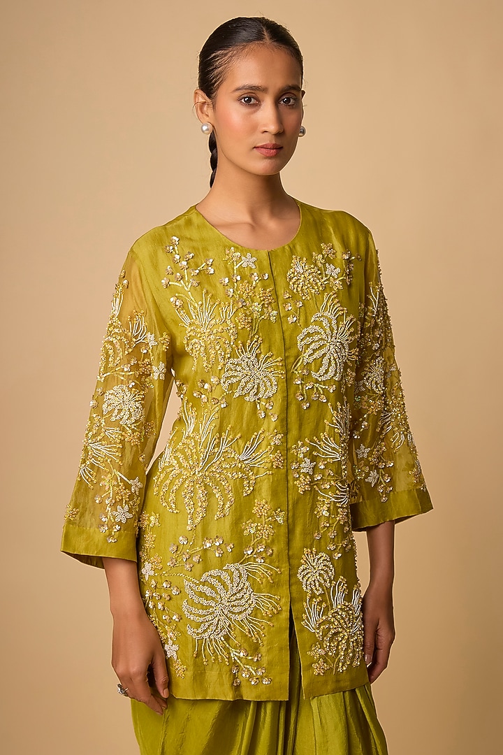 Heena Green Silk Beads Embroidered Kurta Set by One not two at Pernia's Pop Up Shop