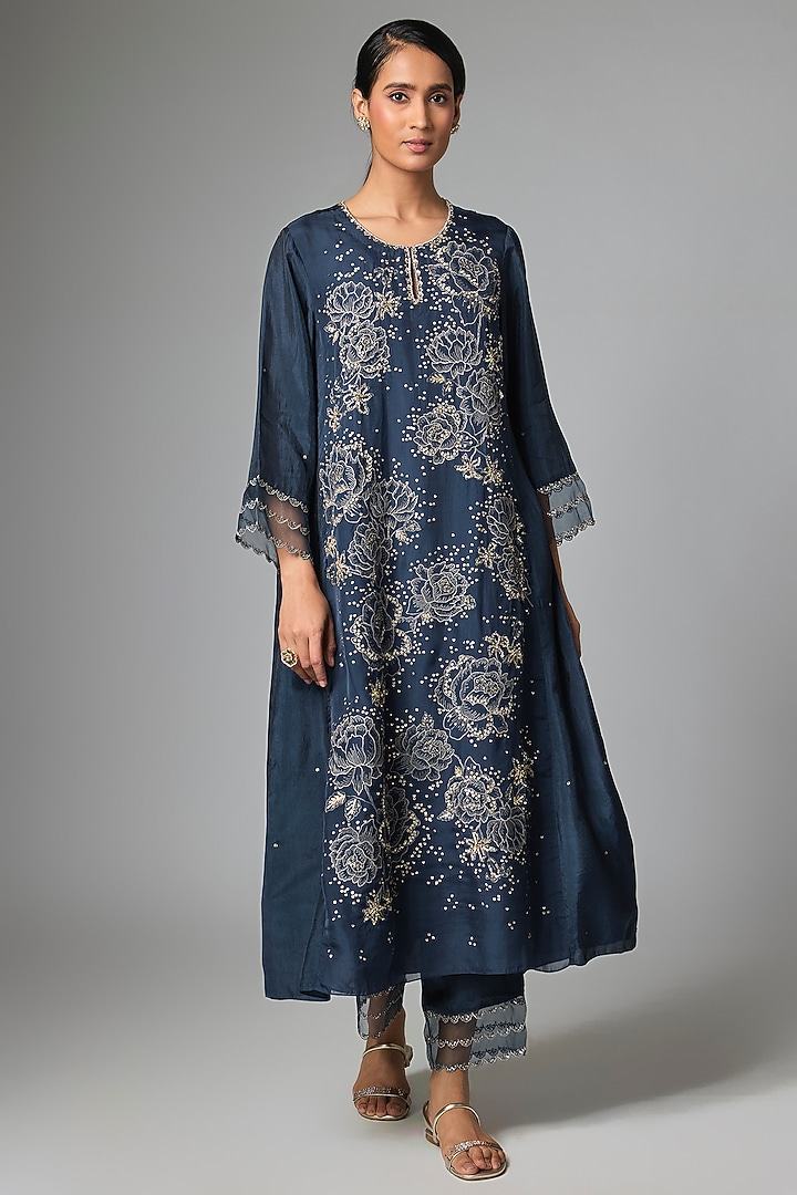 Navy Silk & Silk Organza Kurta Set by One not two at Pernia's Pop Up Shop