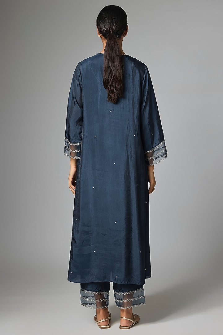 Navy Silk & Silk Organza Kurta Set by One not two at Pernia's Pop Up Shop