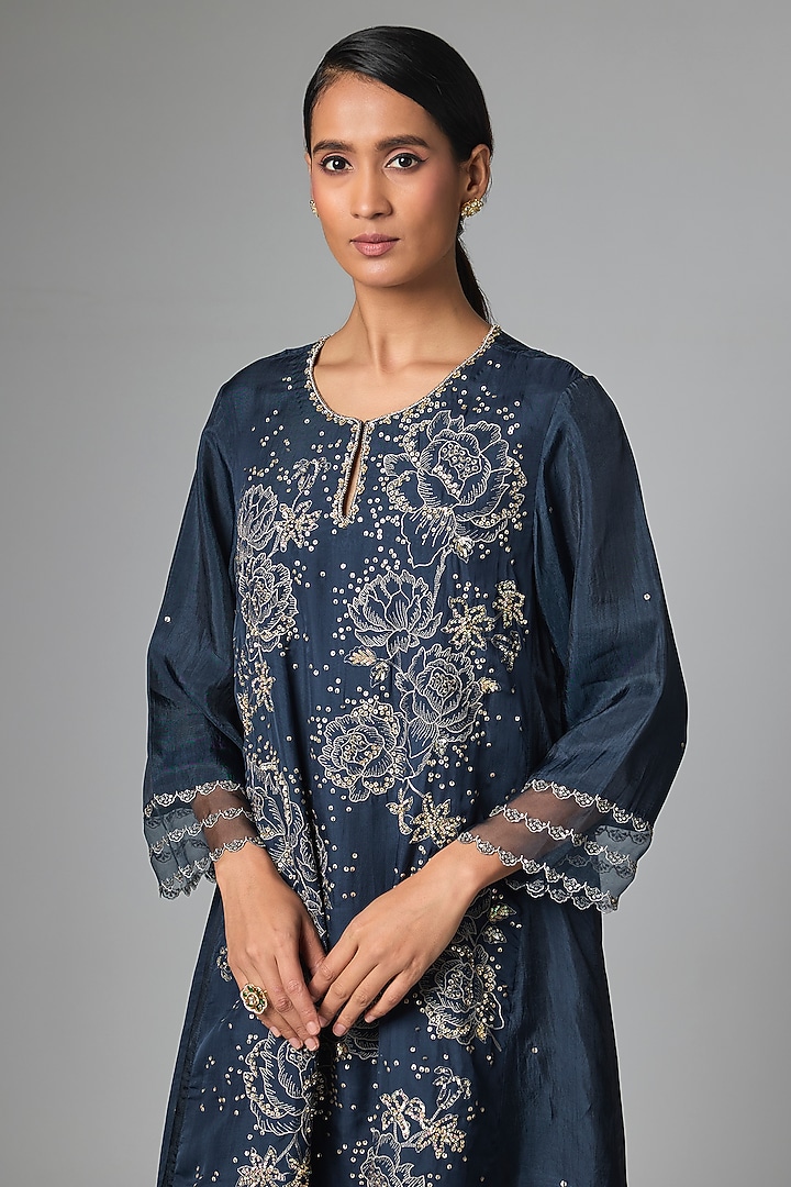 Navy Silk & Silk Organza Kurta Set by One not two at Pernia's Pop Up Shop