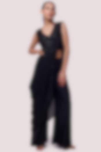 Black Silk Cutdana & Tikki Embellished Draped Pant Party Wear Saree Set by Onaya at Pernia's Pop Up Shop