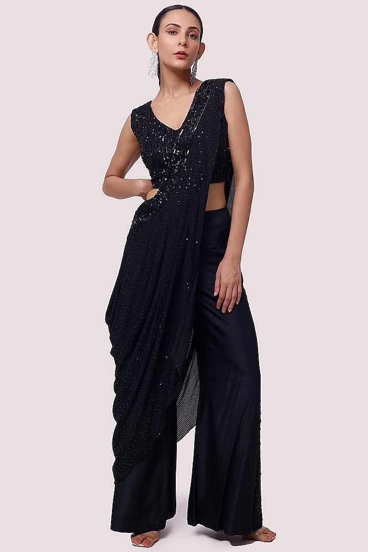 Black Silk Cutdana & Tikki Embellished Draped Pant Party Wear Saree Set by Onaya at Pernia's Pop Up Shop