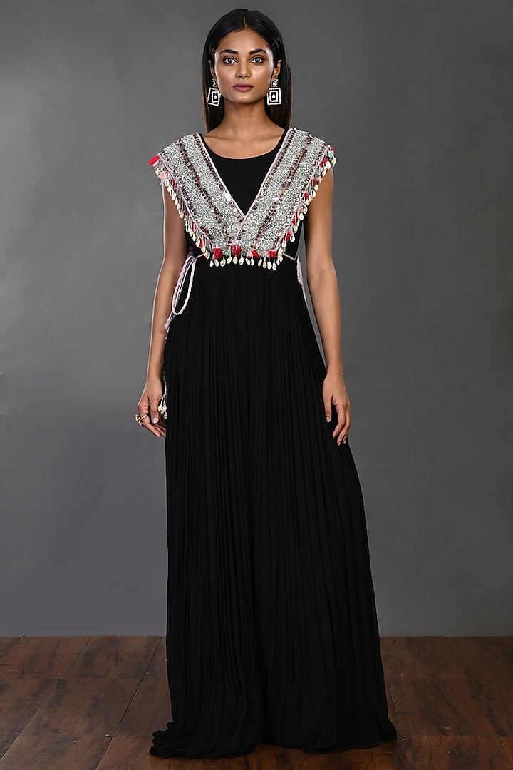 Black Embroidered Draped Dress by Onaya