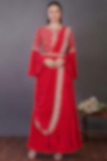 Bright Red Embroidered Draped Vacation Dress by Onaya at Pernia's Pop Up Shop