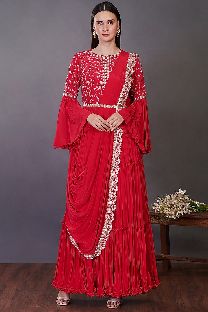 Bright Red Embroidered Draped Vacation Dress by Onaya at Pernia's Pop Up Shop