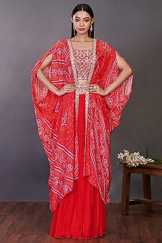 Red Embroidered Cape Set by Onaya