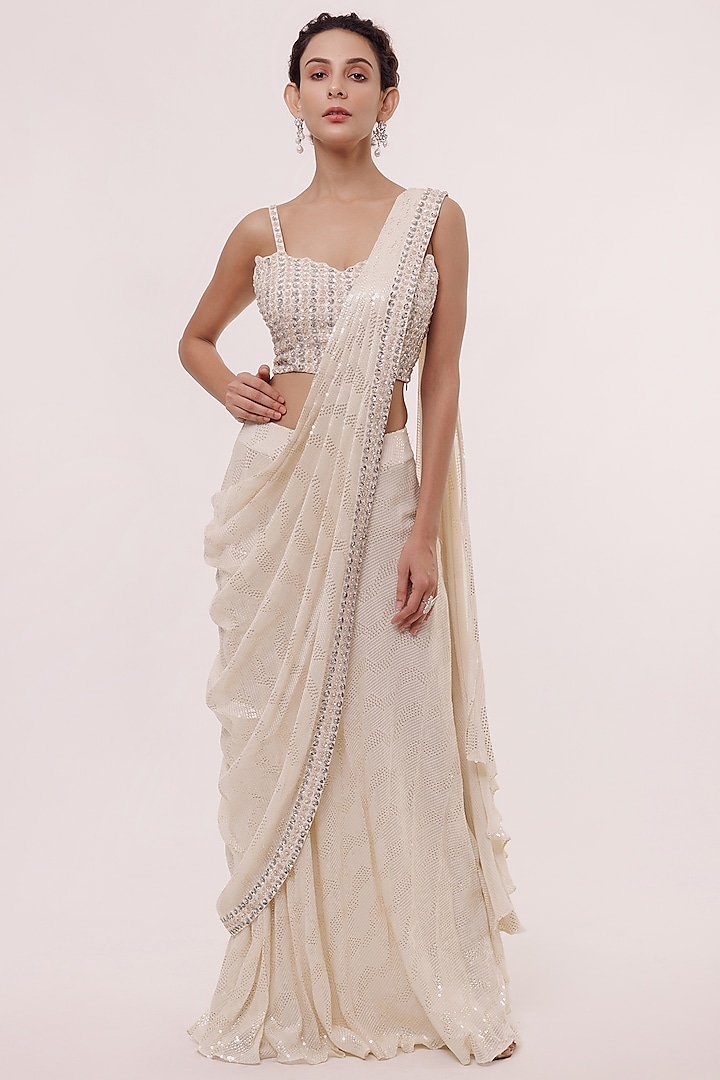 Off-White Chikankari Pre-Stitched Draped Saree Set by Onaya