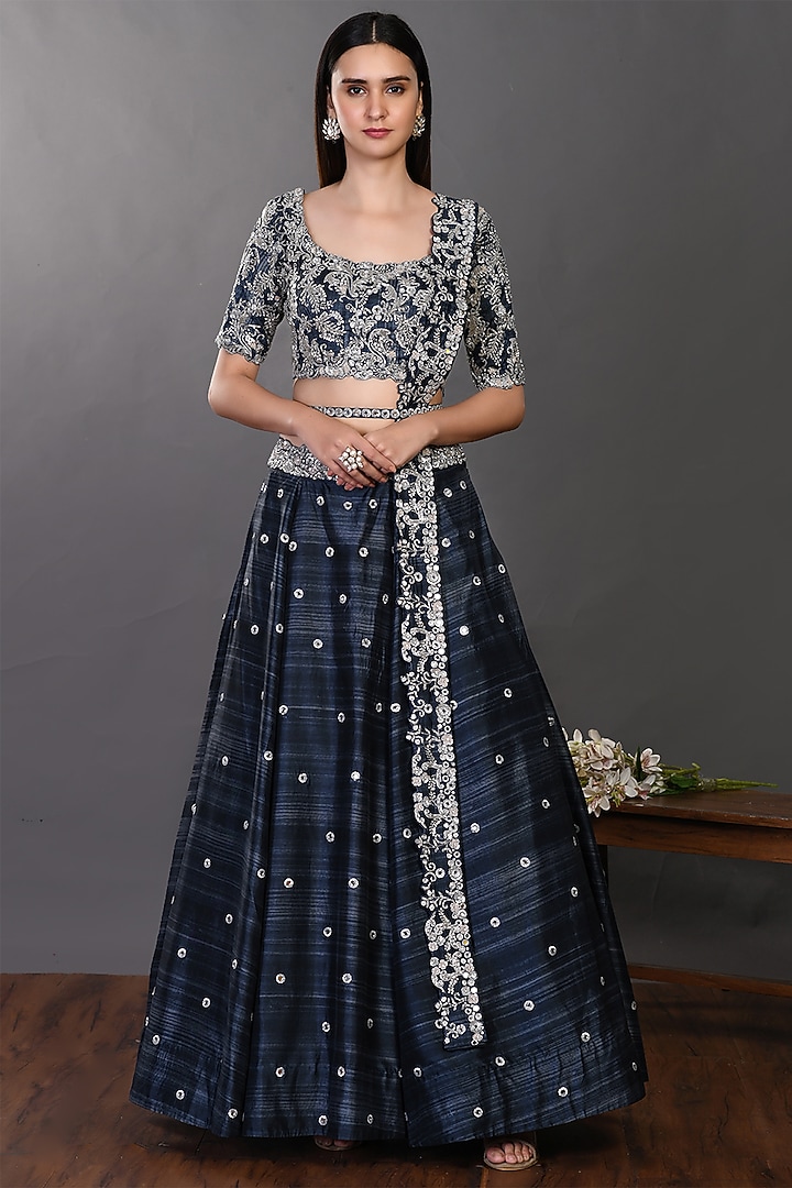 Navy Blue Embellished Wedding Lehenga Set by Onaya at Pernia's Pop Up Shop