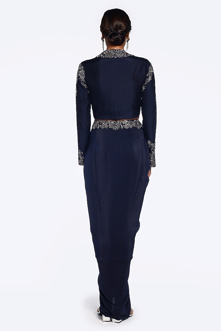 Navy Blue Silk & Crepe Pleated Dhoti Skirt Set by Onaya at Pernia's Pop Up Shop