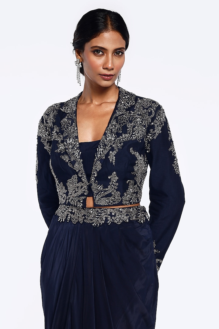 Navy Blue Silk & Crepe Pleated Dhoti Skirt Set by Onaya at Pernia's Pop Up Shop