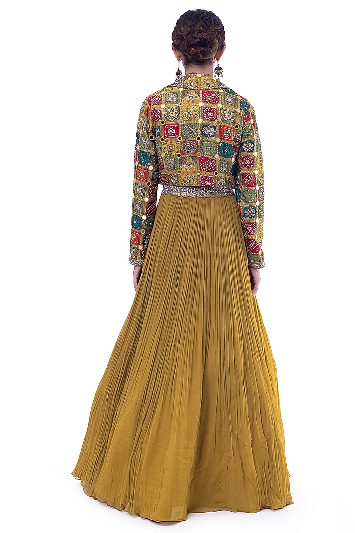 Wasabi Green Georgette Embellished Pleated Party Wear Gown With Jacket by Onaya at Pernia's Pop Up Shop