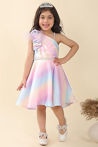 Multi-Colored Poly Silk One-Shoulder Dress For Girls by A.T.U.N. (All Things Uber Nice)