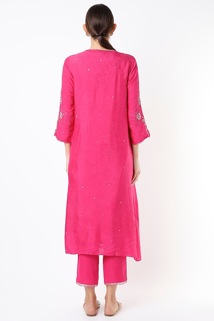 Hot Pink Floral Embroidered Kurta by One not two at Pernia's Pop Up Shop