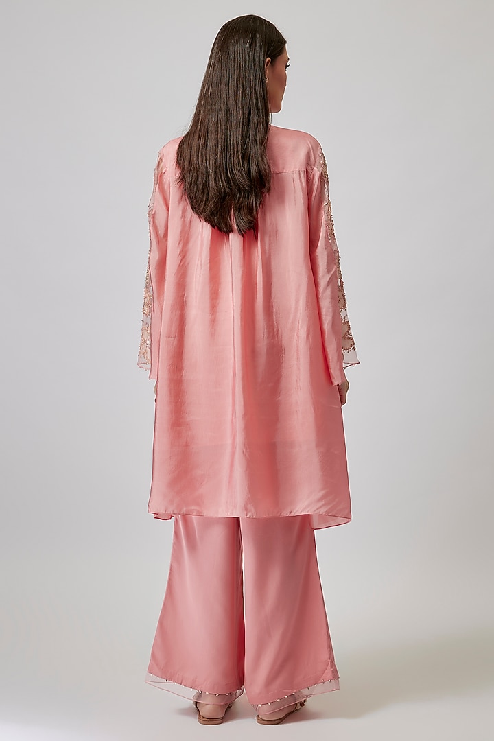 Peach Viscose Silk & Silk Organza Embroidered Tunic Set by One not two at Pernia's Pop Up Shop