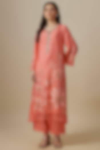 Peach Tissue Organza Embroidered Kurta Set by Prisha's at Pernia's Pop Up Shop