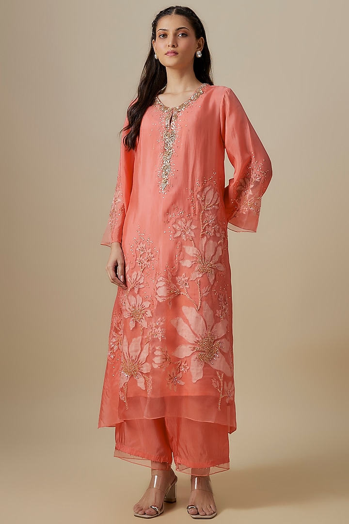 Peach Tissue Organza Embroidered Kurta Set by Prisha's at Pernia's Pop Up Shop