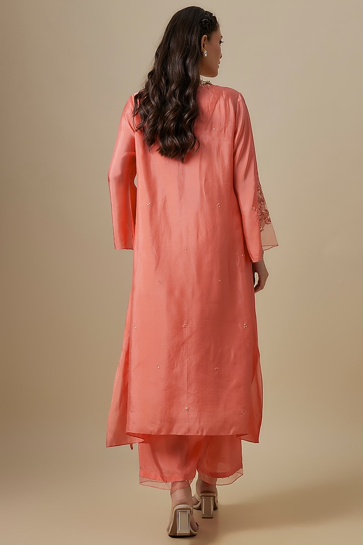 Peach Tissue Organza Embroidered Kurta Set by Prisha's at Pernia's Pop Up Shop