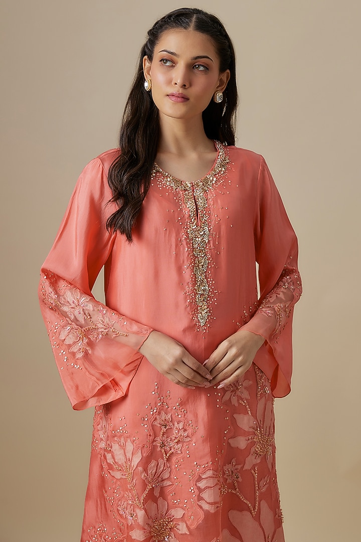 Peach Tissue Organza Embroidered Kurta Set by Prisha's at Pernia's Pop Up Shop