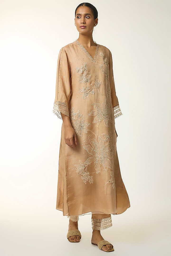 Gold Silk & Organza Thread Embroidered Kurta Set by One not two at Pernia's Pop Up Shop