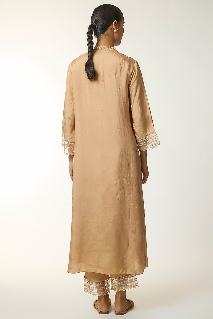 Gold Silk & Organza Thread Embroidered Kurta Set by One not two at Pernia's Pop Up Shop
