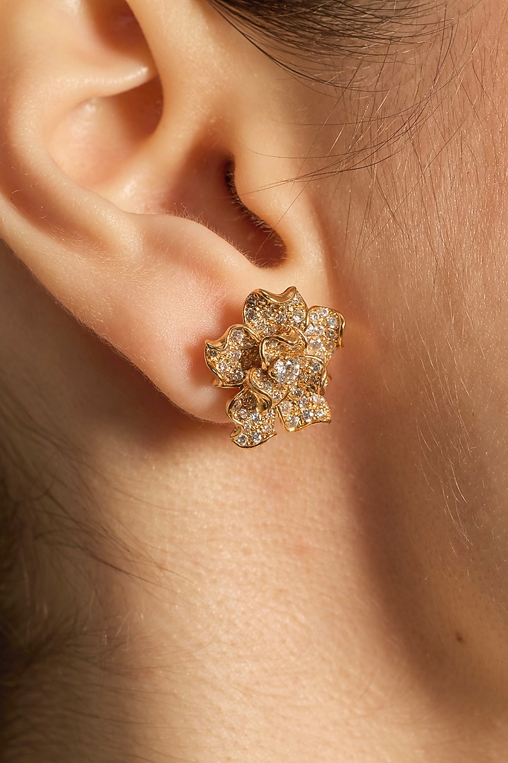 Gold Plated Diamond Handcrafted Floral Stud Earrings by Opalina at Pernia's Pop Up Shop