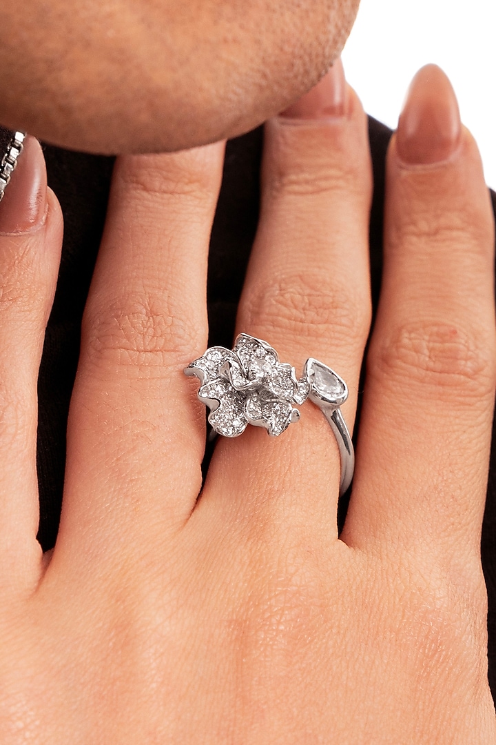 Silver Plated Diamond Floral Ring by Opalina at Pernia's Pop Up Shop
