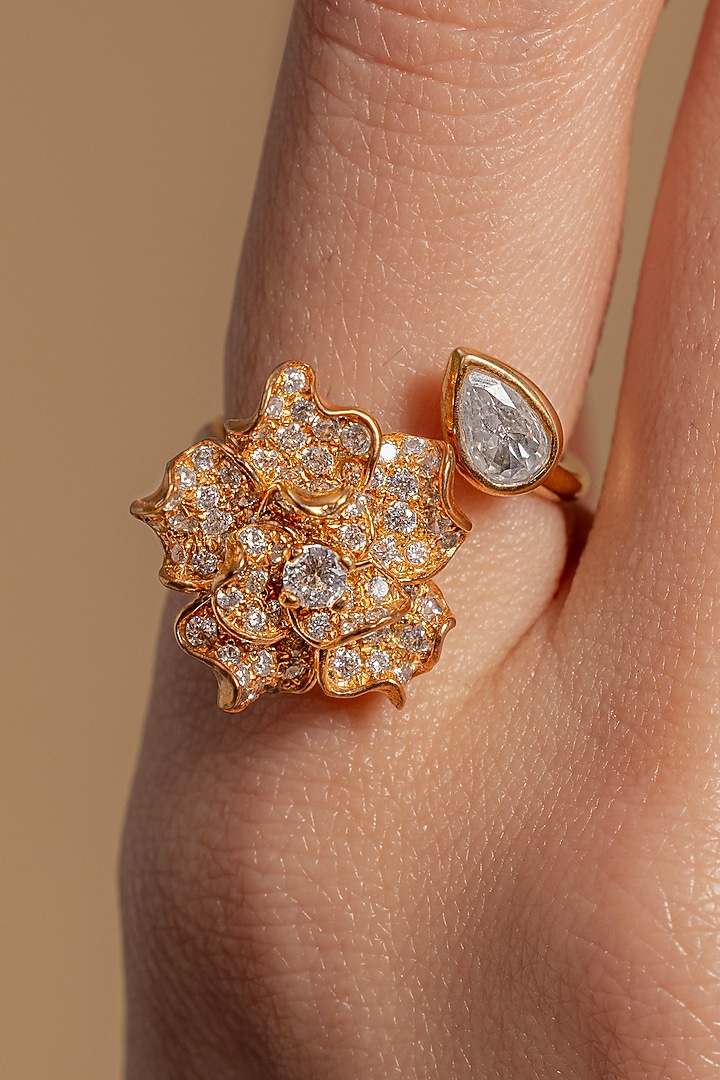 Gold Plated Diamond Floral Ring by Opalina at Pernia's Pop Up Shop