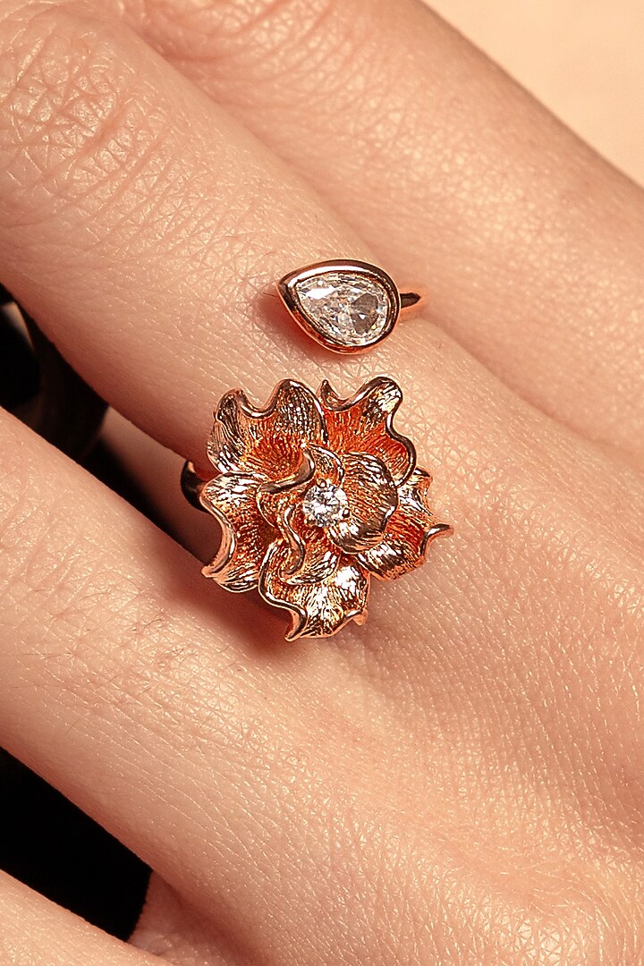 Rose Gold Plated Diamond Floral Ring by Opalina at Pernia's Pop Up Shop