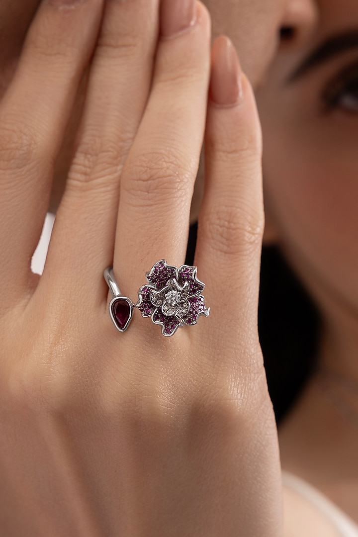 Silver Plated Ruby Stone Floral Ring by Opalina at Pernia's Pop Up Shop