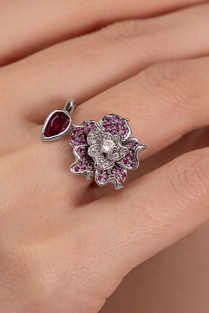 Silver Plated Ruby Stone Floral Ring by Opalina at Pernia's Pop Up Shop